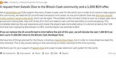 中本聪骰子承诺向BCH开发者捐赠1000BCH，但提出了一个要求